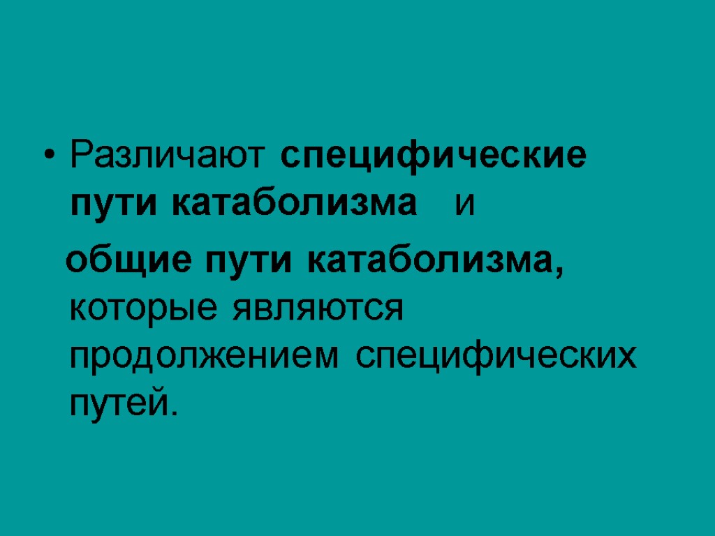 Различают специфические пути катаболизма и общие пути катаболизма, которые являются продолжением специфических путей.